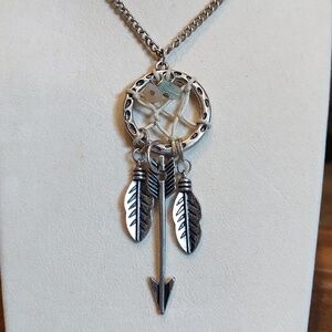 Long Silver Dreamcatcher Pendant Necklace With Arrow And Feathers